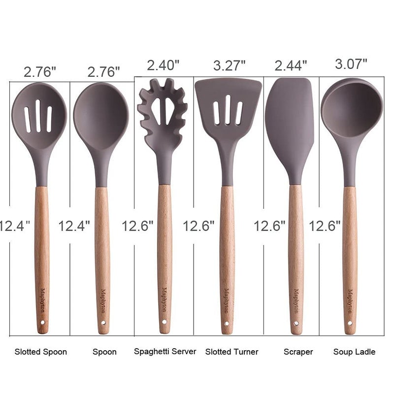 Maphyton Mapthon Silicone Cooking Kitchen Utensils Set 6 PCS with Wooden Handle for Non-Sticker Cookware Heat-Resistant Kitchen Gadgets Serving Spoons, Slotted Turner, Spatula, Spaghetti Server(Grey) - Image 3